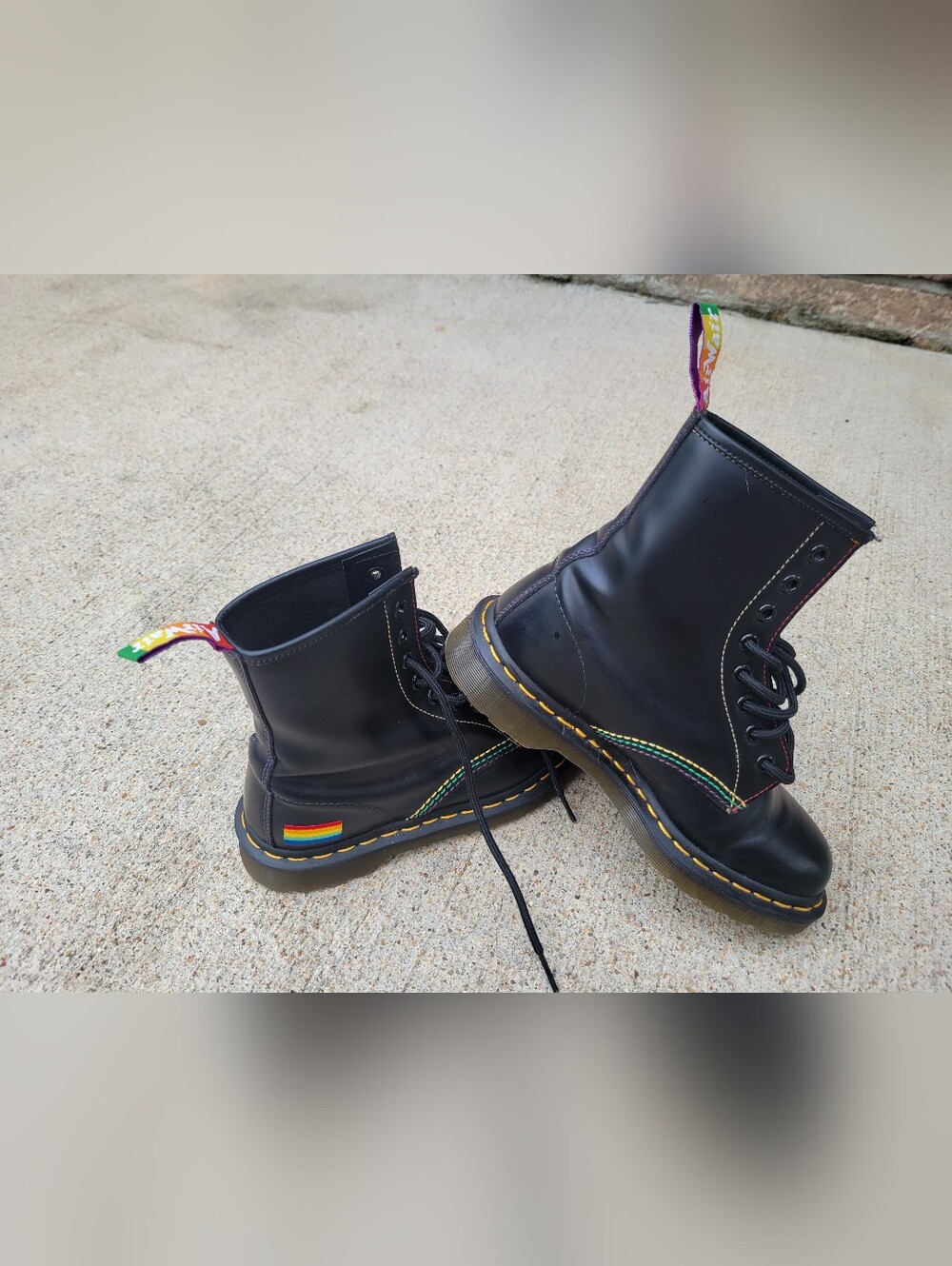 Black Rainbow-Stitch Leather Combat Boots
